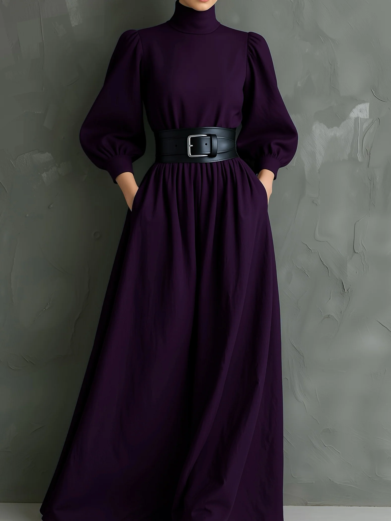 Isabella™ - Elegant, form-fitting, long dress with a high neck and long sleeves in dark purple (with belt)