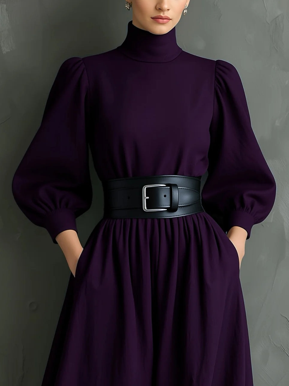 Isabella™ - Elegant, form-fitting, long dress with a high neck and long sleeves in dark purple (with belt)