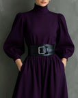 Isabella™ - Elegant, form-fitting, long dress with a high neck and long sleeves in dark purple (with belt)