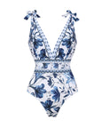 V Neck Lace Up Printed One Piece Swimsuit and Skirt