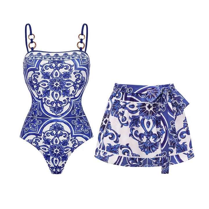 Sling Classic Majolica Series Pattern Print One Piece Swimsuit