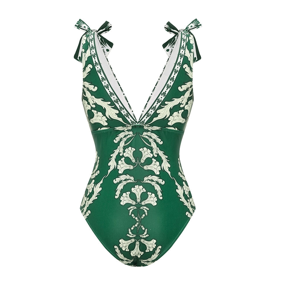 V Neck Lace Up Printed One Piece Swimsuit and Skirt