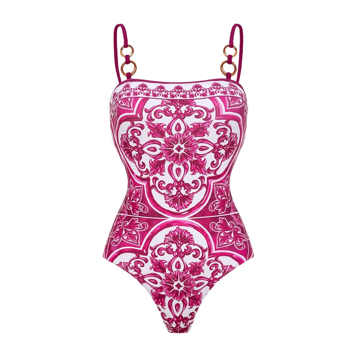 Sling Classic Majolica Series Pattern Print One Piece Swimsuit and Skirt or Shorts