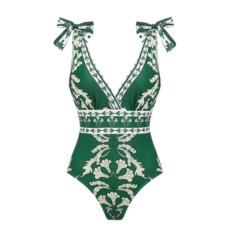 V Neck Lace Up Printed One Piece Swimsuit and Skirt