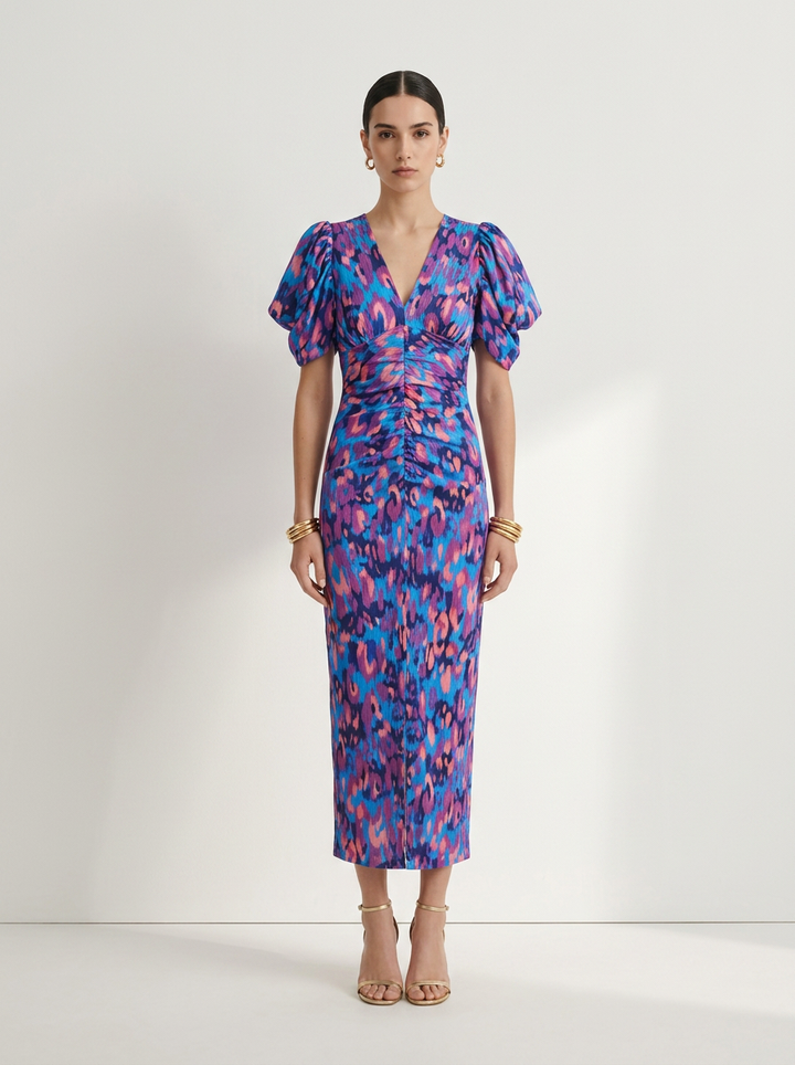 Aurora™ | Vibrant Midi Dress with Puff Sleeves