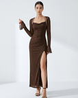 LORA™ - Elegant Ruched Backless Split Thigh Flounce Sleeve Bodycon Dress