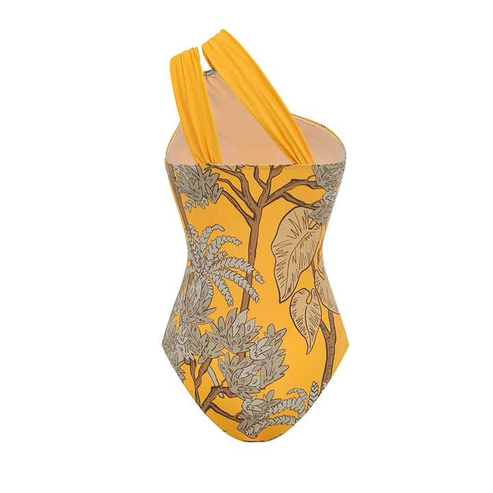 One Shoulder Yellow Printed Swimsuit Set